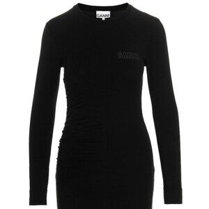 GANNI Logo Black Ruched Maxi Dress